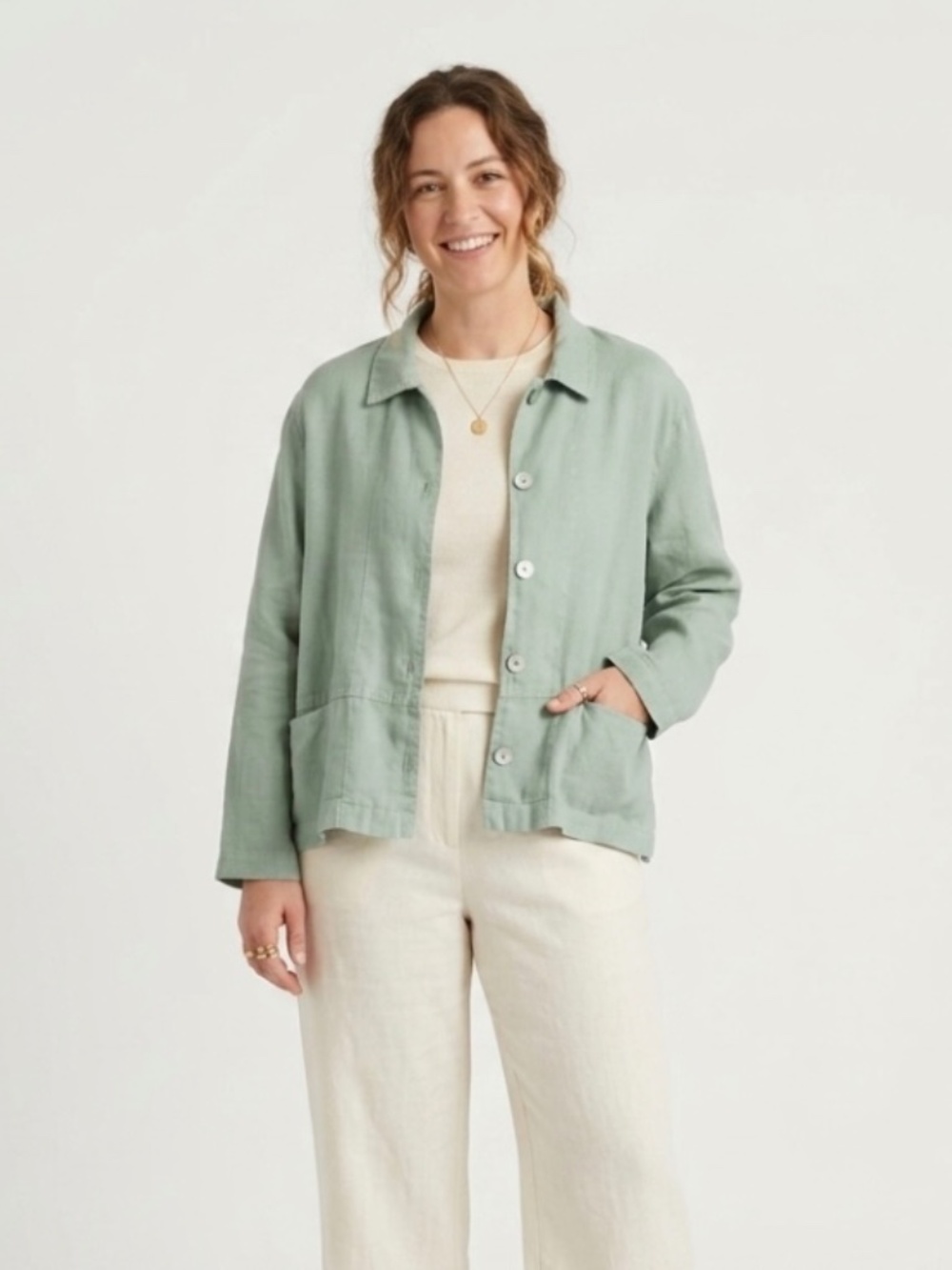 Cut Loose Linen Button Front  Jacket XL Sage Pockets Boxy Lagenlook Coastal USA